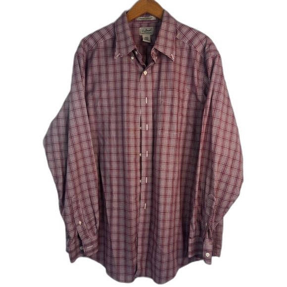 LL Bean Burgundy Cotton Plaid Wrinkle Resistant Casual Button Down Size L Reg - Picture 9 of 9